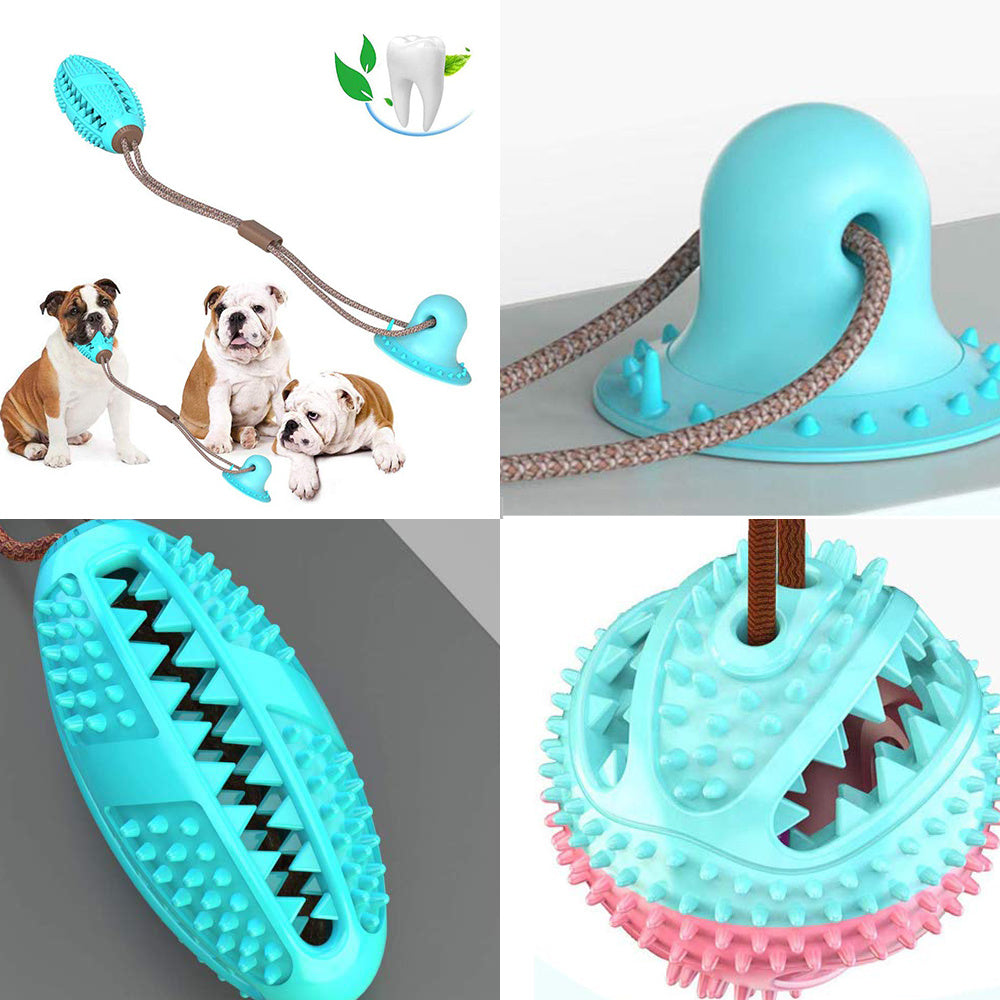 Collapsible blue dog toy with rope and chew sound, shown from multiple angles.