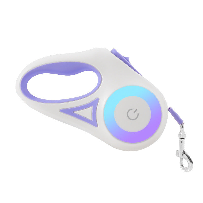 A retractable dog leash with a collar and LED light, held by a person sitting on a chair, attached to a corgi dog.