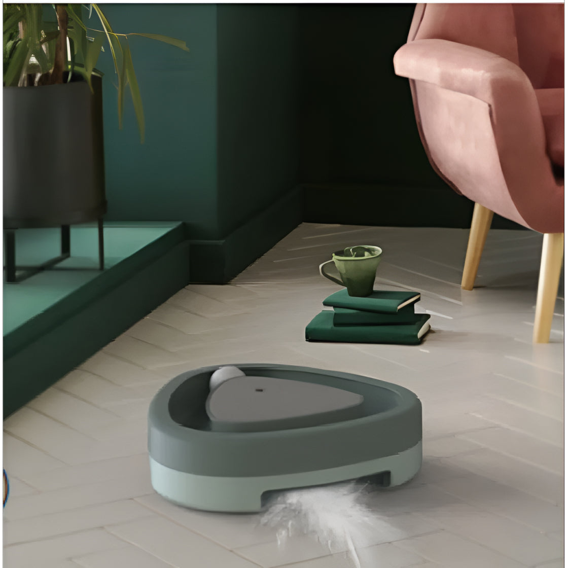 A smart electric cat toy featuring a spinning ball and built-in scratcher pad, primarily in gray and green colors.