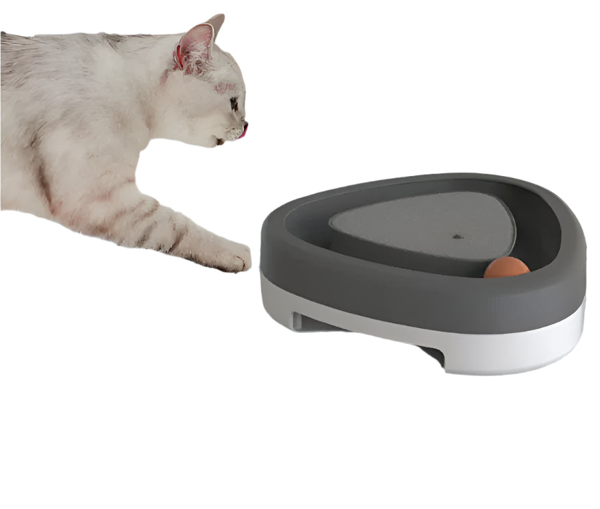 Cat interacting with a food dispenser on a carpeted floor.