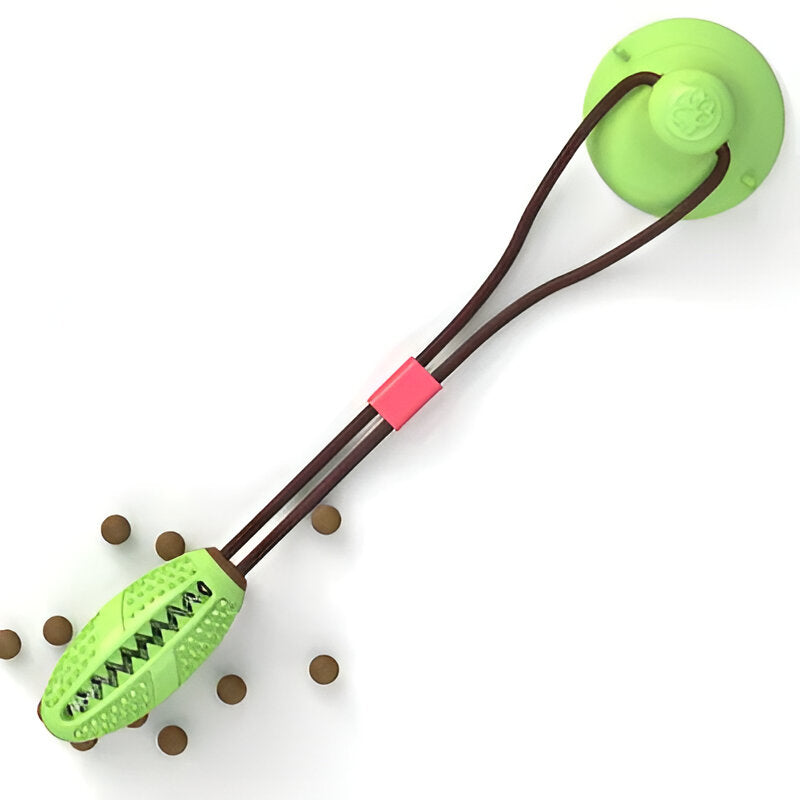 A dog toy featuring a red and blue leaky ball with a suction cup and a red tug-of-war handle, intended for chew and tug play to clean teeth.