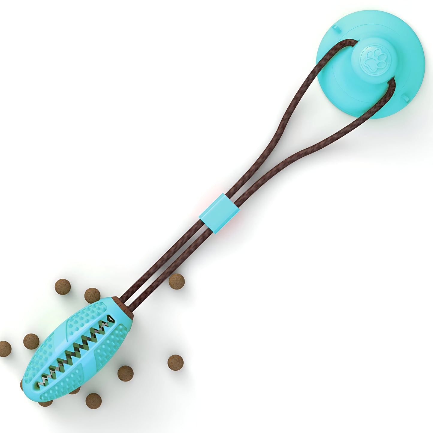 A dog toy featuring a red and blue leaky ball with a suction cup and a red tug-of-war handle, intended for chew and tug play to clean teeth.