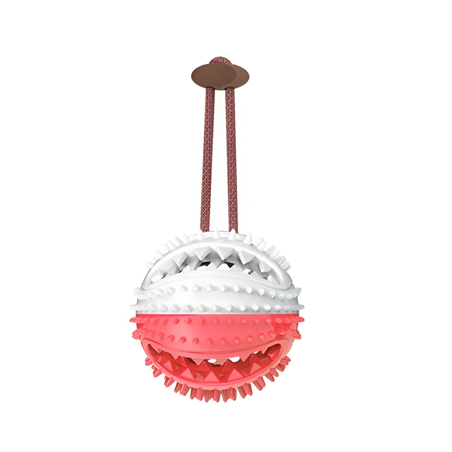 A dog toy featuring a red and blue leaky ball with a suction cup and a red tug-of-war handle, intended for chew and tug play to clean teeth.