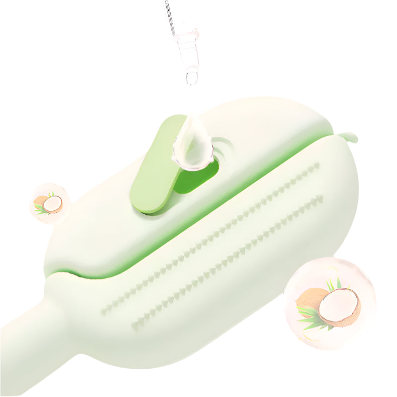Green silicone product with a lid on a light blue background