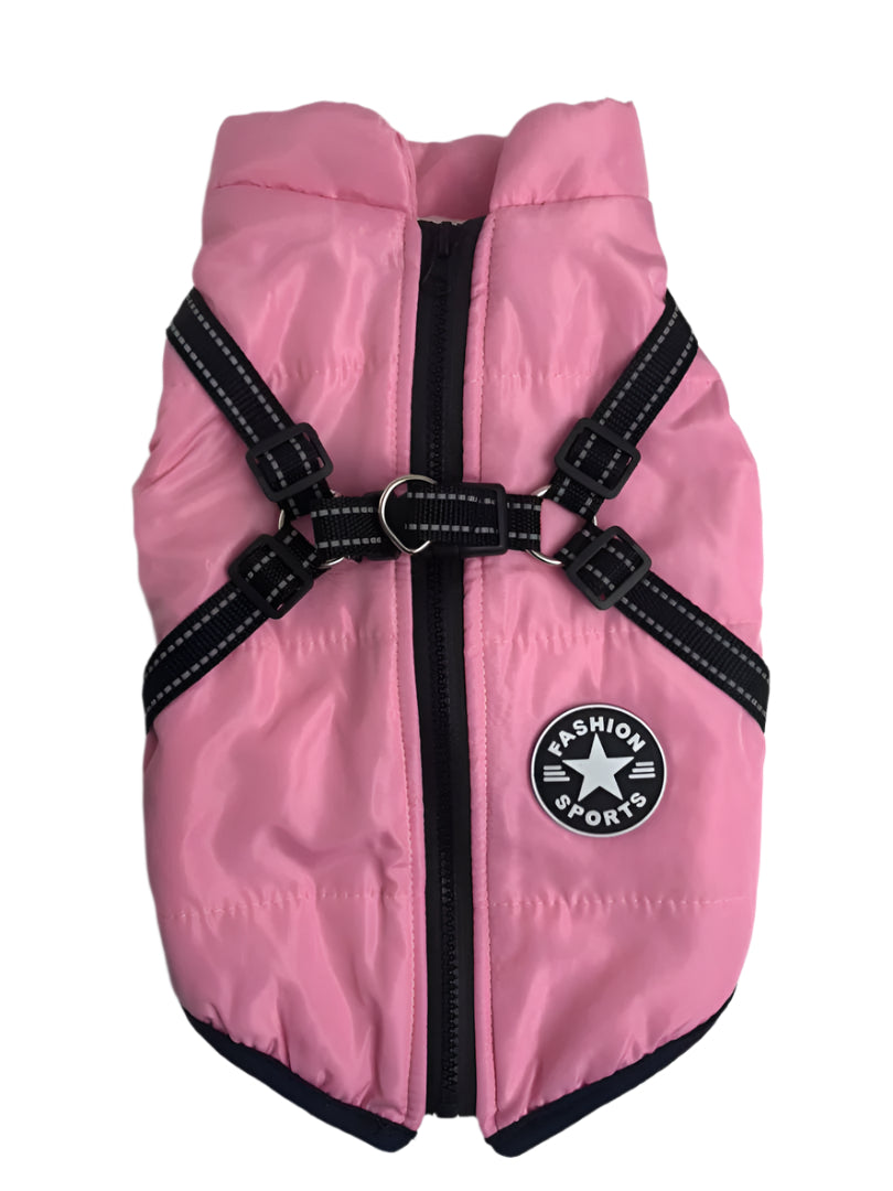 Pink dog coat with black straps and 'Fashion Sports' logo on a white background