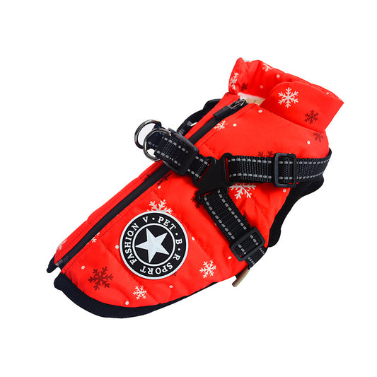 Red pet life jacket with snowflake patterns on a white background