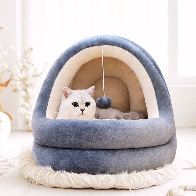 Luxury Cat and Small Dog Bed with Soft Velvet and Warm Mat - Waggloo