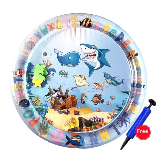 Children's educational toy with ocean-themed design, letters, and animals on a clear circular board.