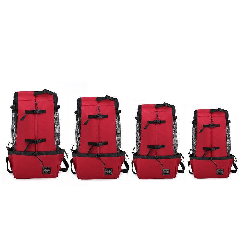 Set of four red backpacks on a white background