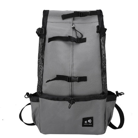 A small dog in a gray pet carrier backpack being worn by a person with adjustable shoulder straps.